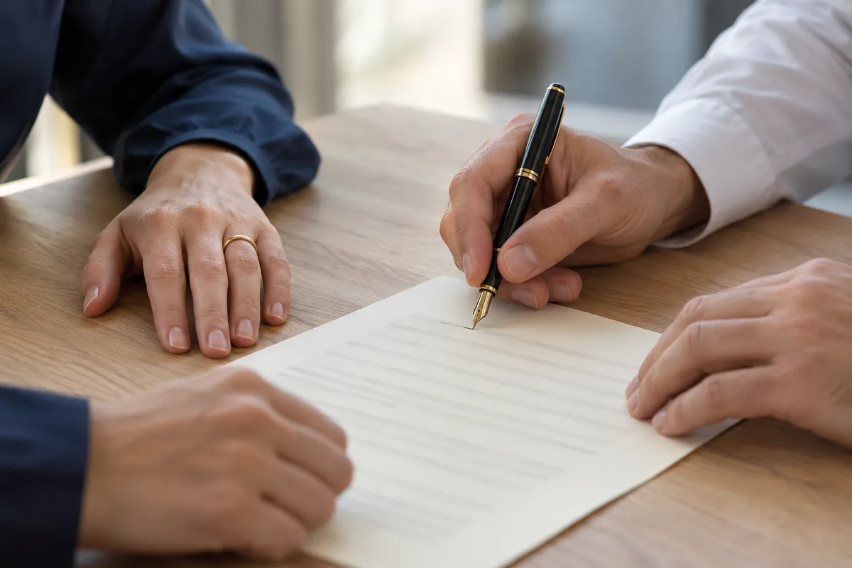 Mains de deux personnes signant un document sur une table en bois clair, cadrage serré