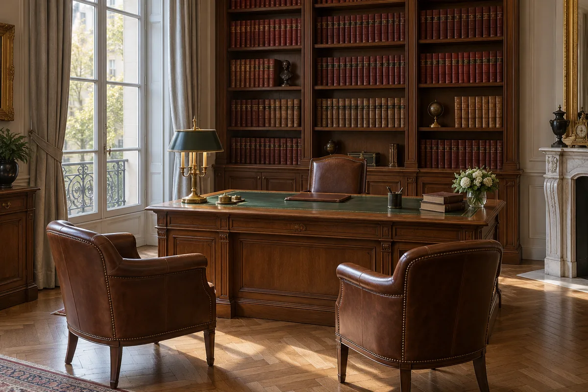 Bureau de notaire classique en chêne devant une bibliothèque de reliures unies, lumière du matin