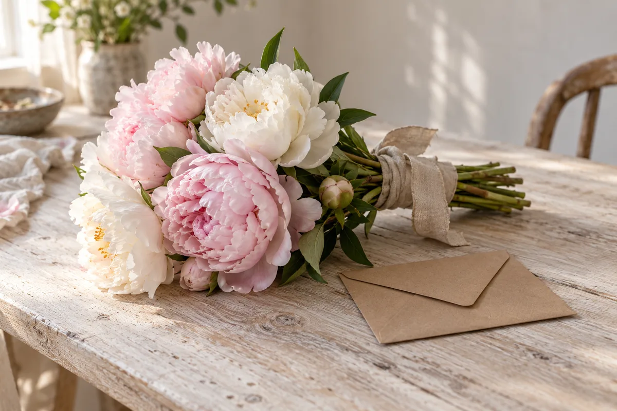 Bouquet de pivoines posé sur une table en bois blanchi près d&rsquo;une enveloppe kraft fermée