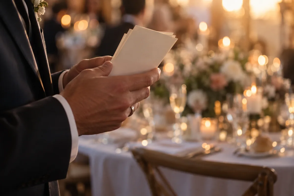 Des mains tenant de petites fiches cartonnées devant une table de banquet, arrière-plan flou