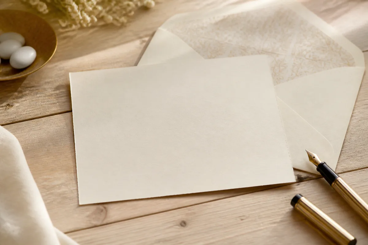 Un faire-part de mariage crème posé sur une table en bois clair, à côté de son enveloppe doublée et d’un stylo plume