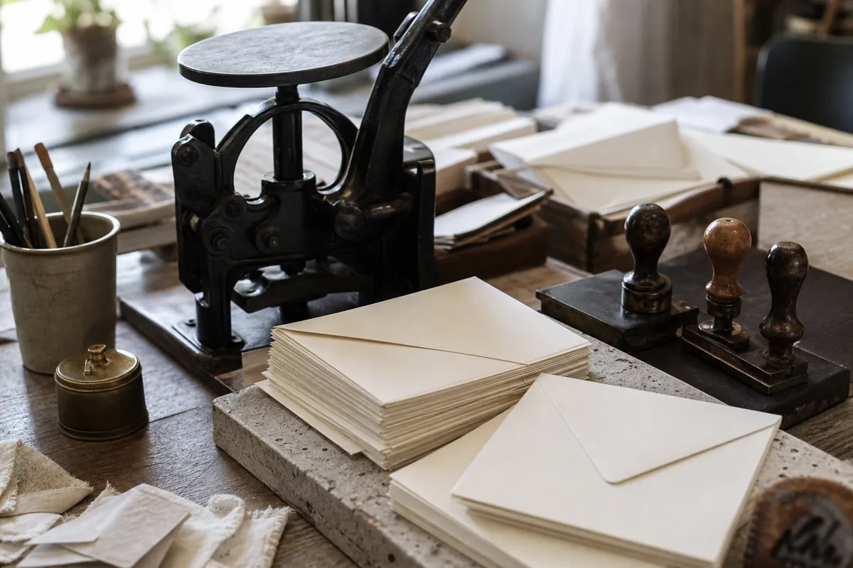 Un atelier de papeterie avec une presse manuelle, des tampons encreurs et des enveloppes empilées prêtes à être adressées