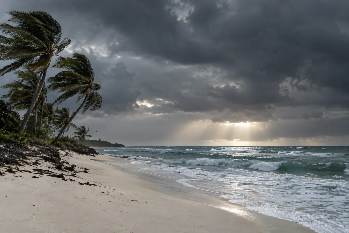 Ciel d’orage tropical au-dessus d’une plage déserte et de palmiers courbés par le vent