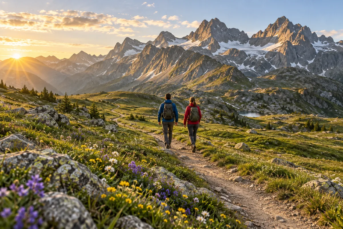 Deux silhouettes de dos sur un sentier de montagne, sommets rocheux dans la lumière du matin