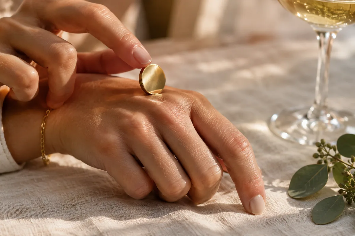 Pièce dorée roulant entre les doigts d’une main au-dessus d’une nappe en lin