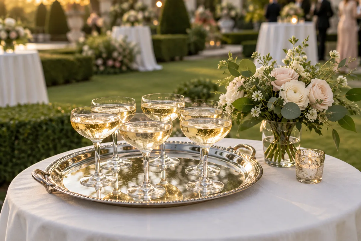 Plateau de coupes de champagne posé sur un mange-debout fleuri dans un jardin de réception