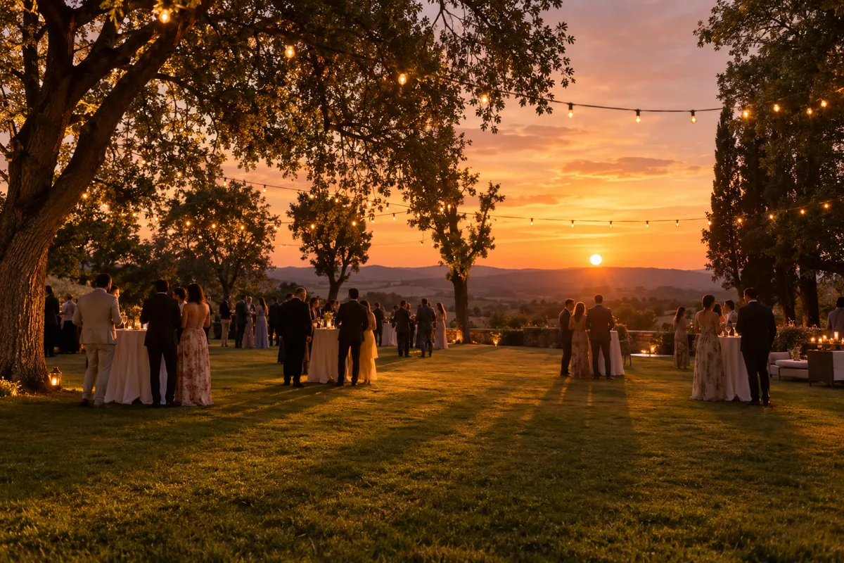 Cocktail de mariage en plein air au coucher du soleil, invités vus de dos et de loin dans un jardin