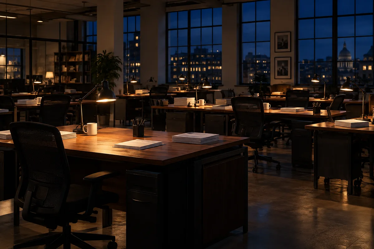 Salle de rédaction vide le soir, bureaux en bois et lampes allumées au-dessus de chaises vides