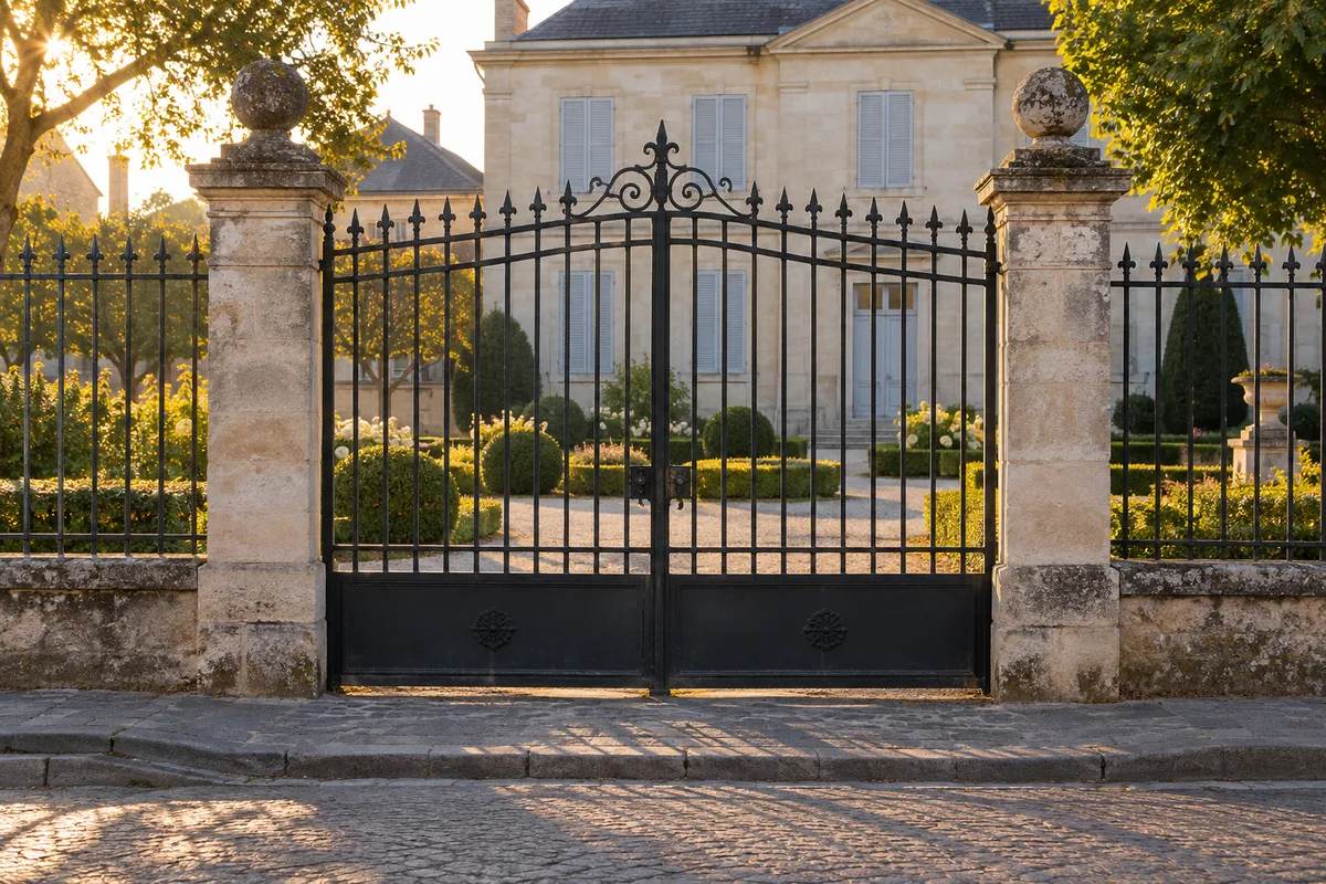 Grille en fer forgé fermée devant le jardin d&rsquo;une mairie au petit matin