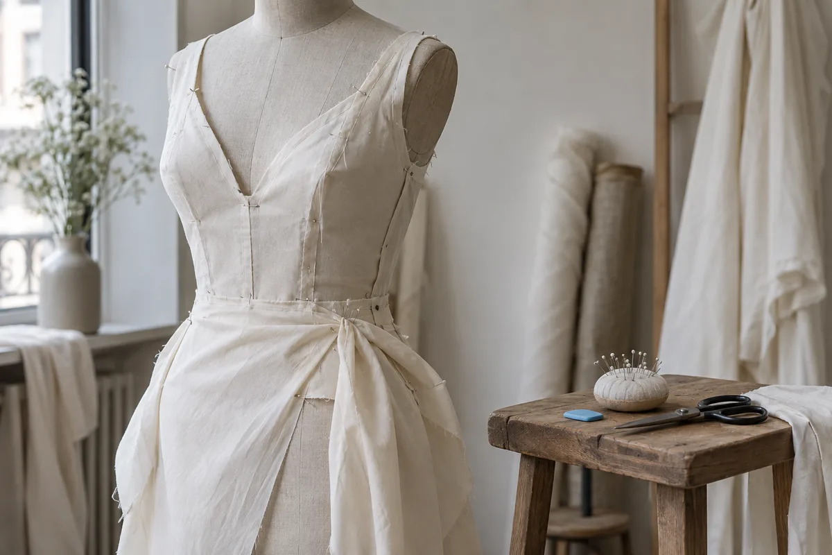 Une toile d&rsquo;essai en coton écru montée sur un mannequin de couture, épingles et craie de tailleur posées à côté