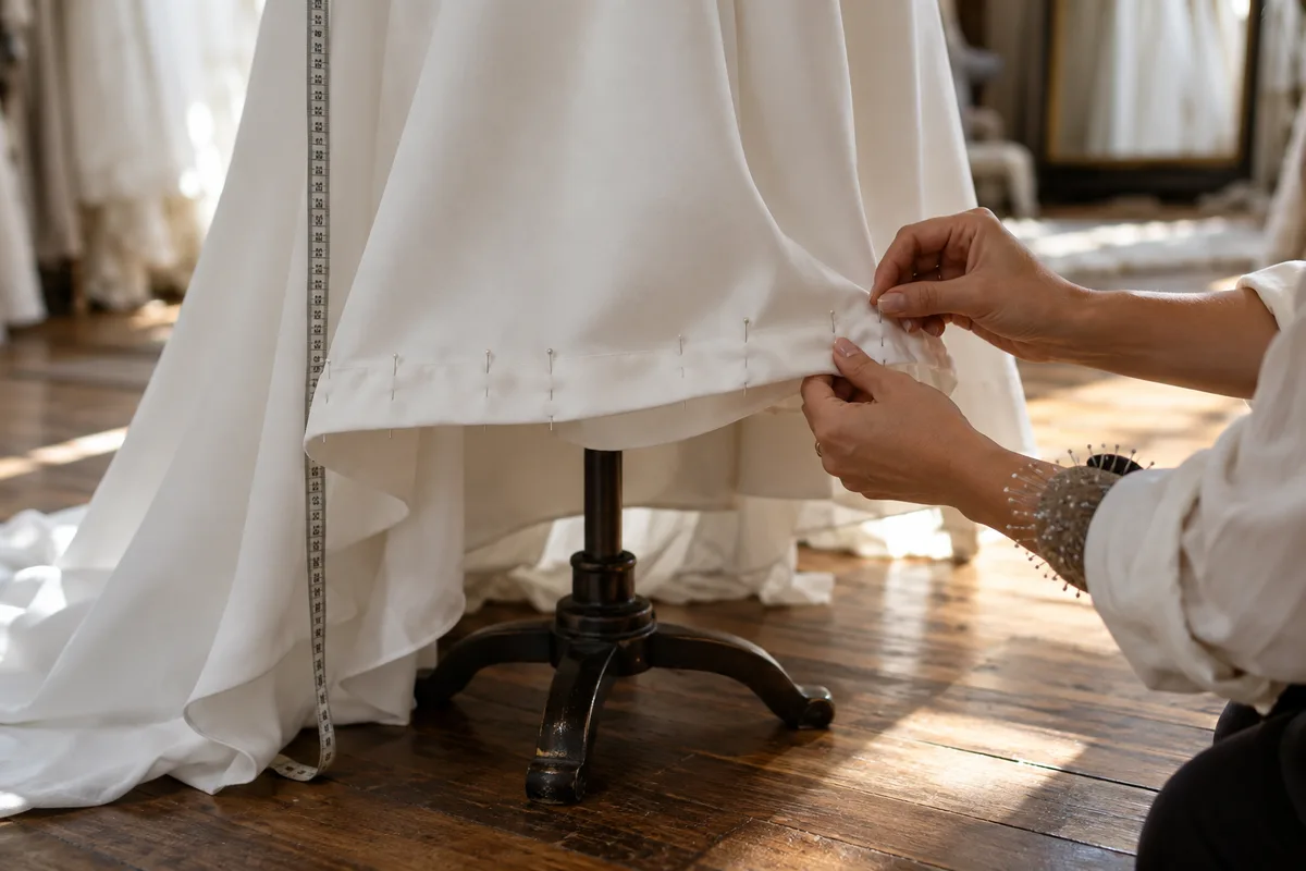 Des mains de couturière épinglant l&rsquo;ourlet d&rsquo;une robe de mariée blanche sur un mannequin de couture