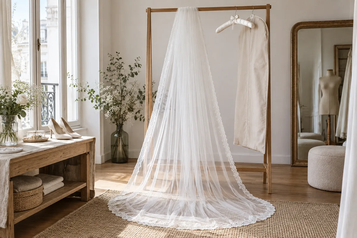Un voile de tulle blanc suspendu à un portant en bois dans un atelier de couture