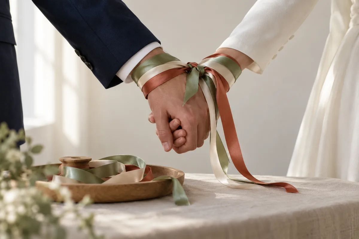 Deux mains jointes entourées de trois rubans de satin noués au-dessus d’une table de cérémonie