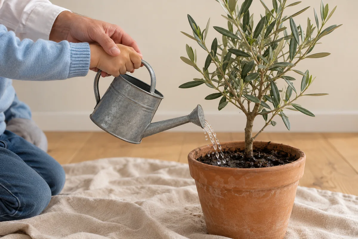 Main d’un enfant arrosant un jeune arbuste en pot, guidée par la main d’un adulte
