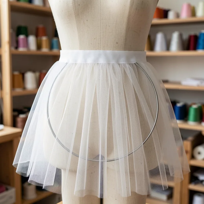 Un jupon de mariée en tulle blanc posé sur un mannequin de couture dans un atelier, cerceaux visibles sous plusieurs couches vaporeuses