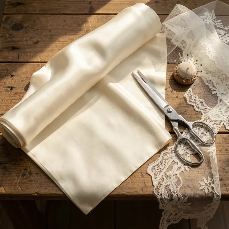 Un rouleau de taffetas de soie ivoire déroulé sur une table de coupe, ciseaux de tailleur, épingles et chutes de tulle autour