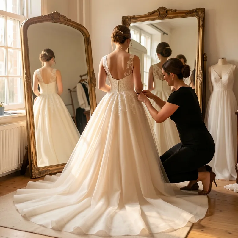 Une mariée de dos devant un grand miroir d&rsquo;atelier, jupe très ample en tulle ivoire étalée au sol, couturière ajustant la couture de taille