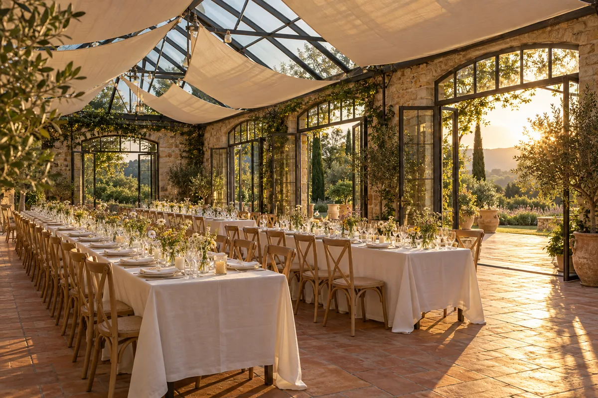 Orangerie de mariage aux voiles d&rsquo;ombrage tendus sous la verrière, tables dressées dans la lumière du soir