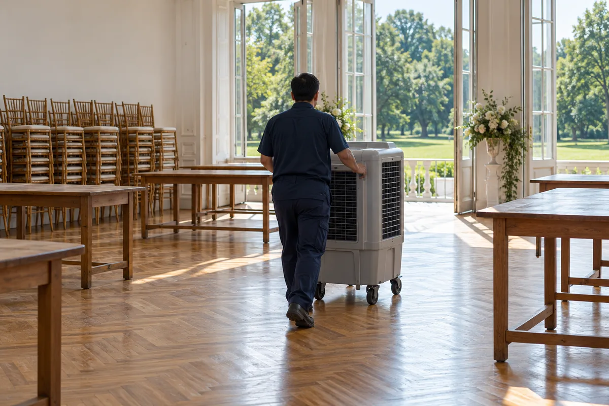 Livreur vu de dos roulant un rafraîchisseur mobile gris vers les fenêtres ouvertes d&rsquo;une salle de réception