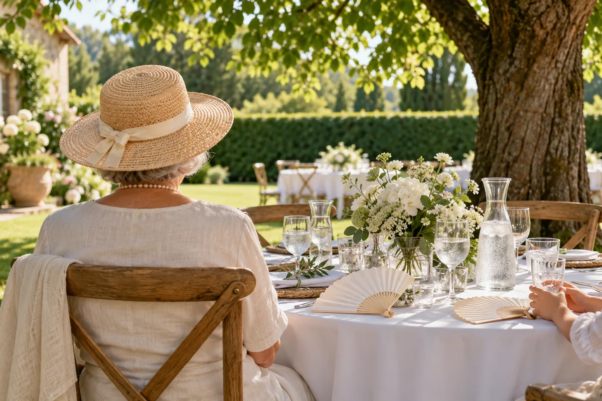 Invitée âgée vue de dos à l&rsquo;ombre d&rsquo;un tilleul, carafes d&rsquo;eau et éventails sur la table