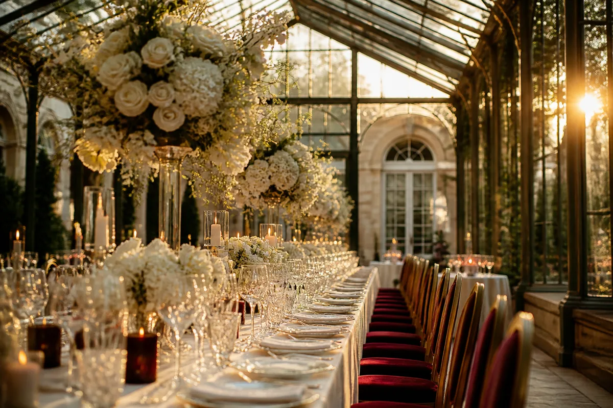 Une longue table de banquet dressée sous une verrière ancienne, nappes ivoire, verrerie et compositions florales blanches, lumière de fin d’après-midi