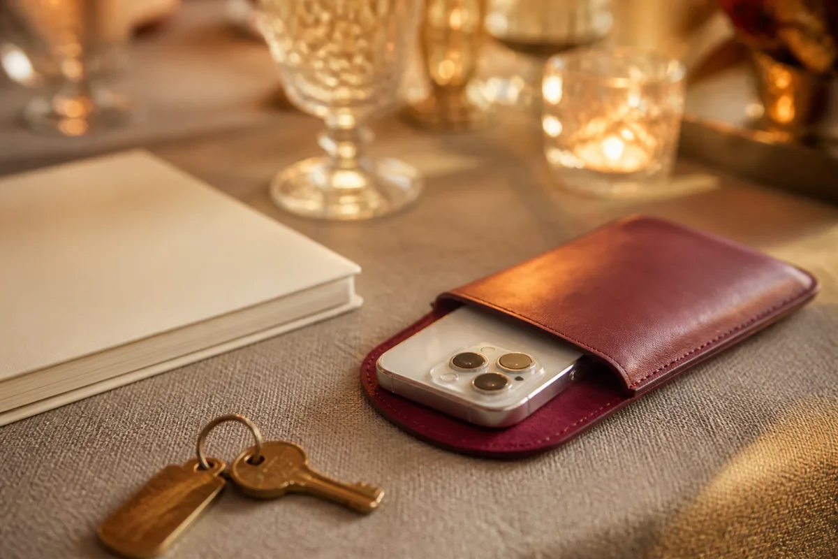 Un téléphone posé face contre table dans une pochette en cuir, à côté d&rsquo;un carnet fermé et d&rsquo;un trousseau de clés, sur une nappe de lin