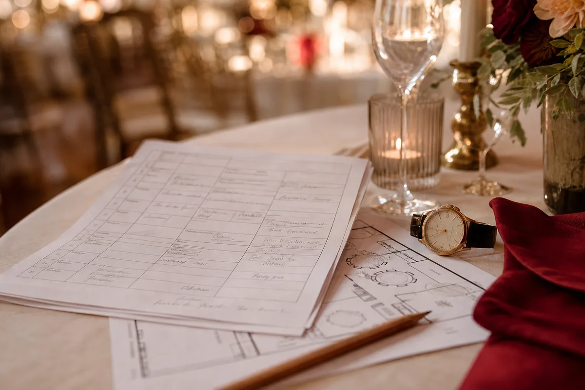Une feuille de déroulé minuté posée sur une table, colonnes horaires annotées au crayon, à côté d&rsquo;une montre et d&rsquo;un plan de salle