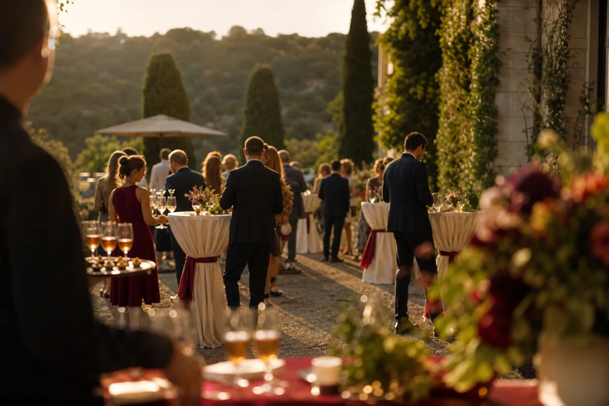 Un cocktail en extérieur avec des invités debout autour de mange-debout, serveurs circulant avec des plateaux, longues ombres de fin d&rsquo;après-midi