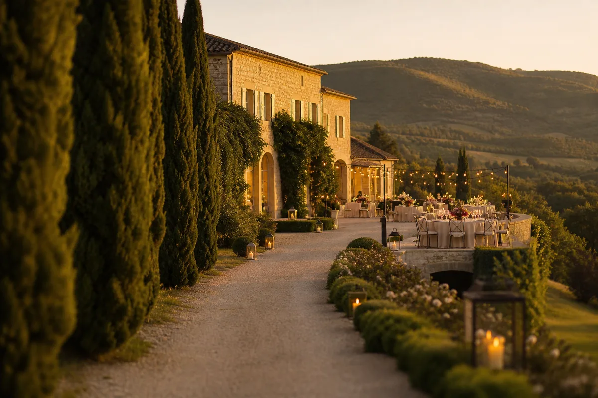 Une allée de cyprès menant à une bastide en pierre dorée, terrasse dressée pour un dîner, collines en arrière-plan sous une lumière de fin de journée