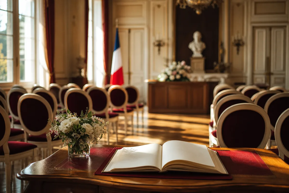 Une salle des mariages de mairie avec des rangées de chaises alignées, un pupitre, le drapeau tricolore et un registre ouvert sur une table