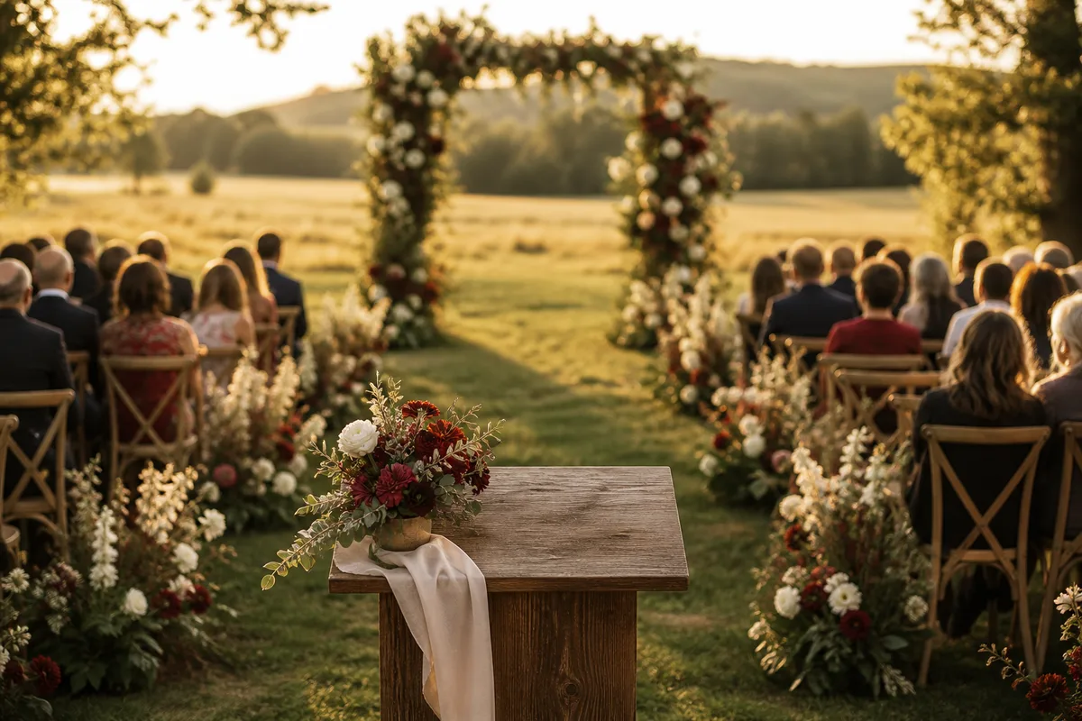 Une allée bordée de chaises en bois menant à une arche fleurie installée dans un pré, avec des invités assis et un pupitre en avant-plan