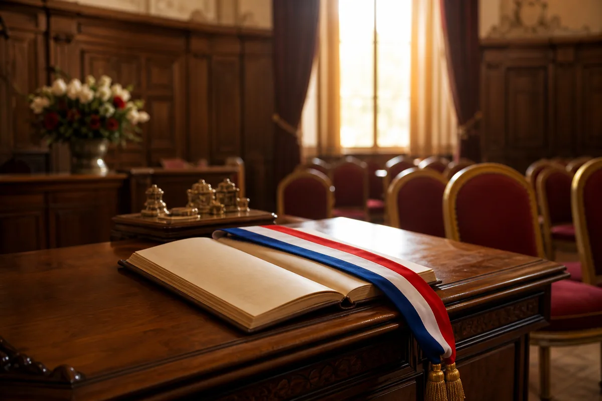 Une salle des mariages municipale vide, boiseries sombres, écharpe tricolore posée sur un registre ouvert, lumière douce venant d’une haute fenêtre