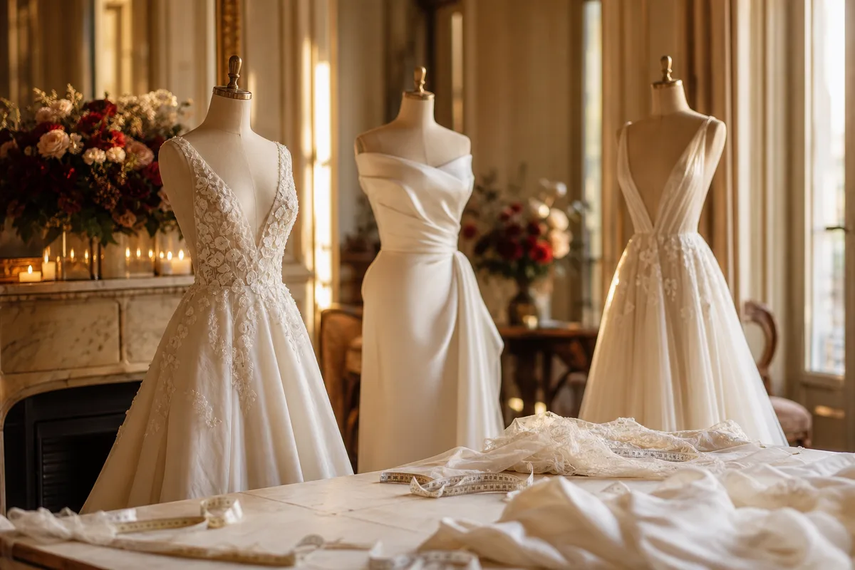 Un atelier de couture avec trois robes de mariée blanches sur mannequins, chutes de tissu et rubans de mesure posés sur une grande table de coupe